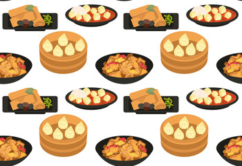Traditional Chinese dishes. Seamless pattern in vector. Asian cuisine
