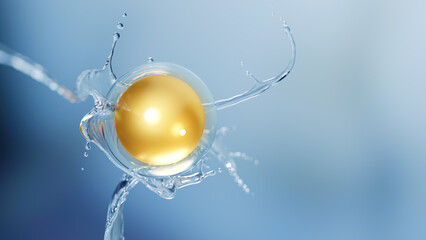 Golden bubble on pur water splash, 3d rendering
