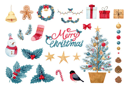 Big collection of Christmas. Christmas trees, gifts, wreaths, ornaments and various symbols. Hand drawn watercolor on white clip art graphic elements for printable decoration.