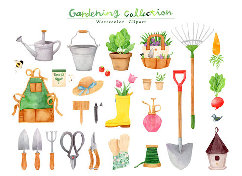 Big collection of gardening. apron, shovel, pot, seeds and various symbols. Hand drawn watercolor on white clip art graphic elements for printable decoration.