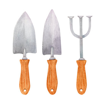 Gardening shovel. Hand painted watercolor on white clip art graphic element for printable decoration.
