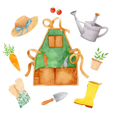 Gardening. Hand painted watercolor on white clip art graphic element for printable decoration.