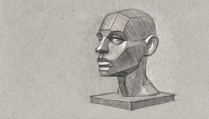 Student sketch of a plaster human head on grey cardboard. Digital illustration imitation drawing in black and white pencil.