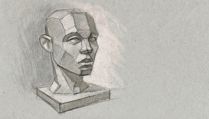 Tutorial sketch of a plaster human head on grey cardboard. Digital illustration imitation pencil drawing.
