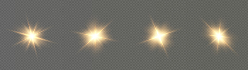 Set of shining golden stars isolated on transparent background. Effects, glare, lines, glitter, explosion, golden light. vector PNG for design and illustrations