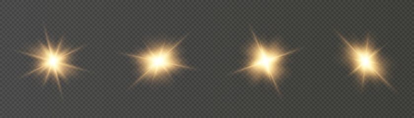 Set of shining golden stars isolated on transparent background. Effects, glare, lines, glitter, explosion, golden light. vector PNG for design and illustrations