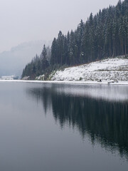 Winter lake and forest in the Carpathians, Ukraine. Landscapes with coniferous forest on a cloudy snowy day. Sights of the modern popular ski resort of Bukovel. Lake of Youth in Bukovel in winter. 