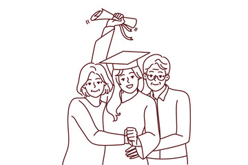 Happy elderly parents hug excited daughter in graduation mantle holding diploma. Smiling mature mom and dad embrace happy girl graduate from university. Vector illustration. 