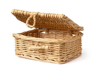 Handmade wicker basket isolated on white background.