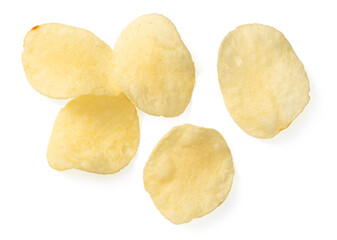 Potato chips isolated on white background, top view.