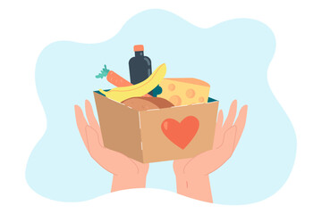 Hands holding box with different food or humanitarian aid. Person with container full of groceries flat vector illustration. Charity, assistance, support, food concept for banner or landing web page
