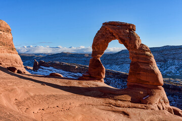 Scenic view of Delicate Arch in Arches National Park on winter day
