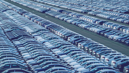 Rows of a new cars parked in a distribution center on a car factory on a sunny day. Top view to the...