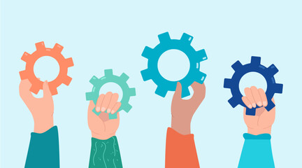 Business people raising hands with gears. Group of office persons, colleagues holding cogwheel flat vector illustration. Teamwork, brainstorming, development concept for banner, website design