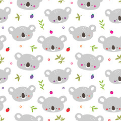 Seamless Pattern with Cartoon Koala Bear Face, Leaf and Strawberry Design on White Background