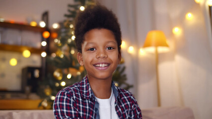 Portrait of African-American teen boy sitting on sofa and smiling at camera on christmas eve © nimito