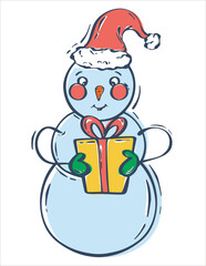 Snowman with a gift in a Santa Claus hat. Cartoon character on a white background. Cute character design. Christmas vector. Vector illustration element.