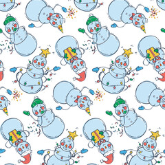 Seamless pattern with snowmen with colored lights, sparklers and gifts. Cute character design. Christmas vector background. Festive vector illustration.