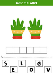 Spelling game for preschool kids. Cartoon winter gloves.