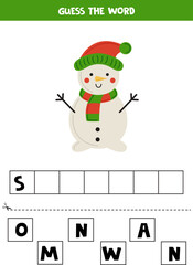 Spelling game for preschool kids. Cartoon snowman.