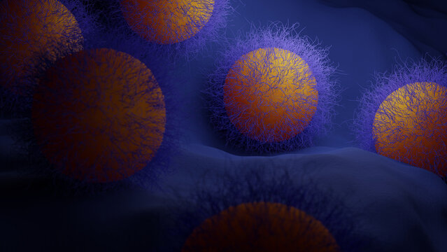 Bacteria or microbe with detailed surface filaments. 3d illustration, science concept of gut microbes