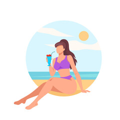 Woman holding cocktail and sunbathes on a beach