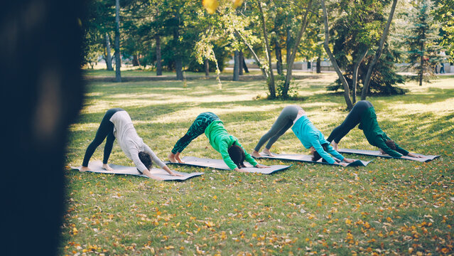 Pretty girls sportswomen are practising hatha yoga outdoors in city park doing exercises on bright mats wearing sports clothing. Nature, well-being and activity concept.