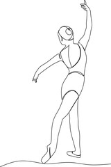 One line drawing vector illustration of a ballerina woman. Minimalist pretty ballerina shows dance move concept. Wall decor poster trendy print. Modern continuous line graphic design
