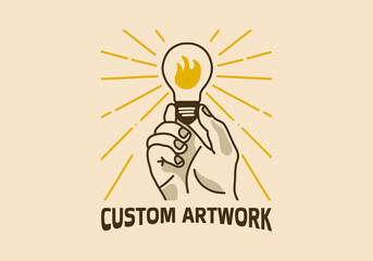 Vintage illustration of hand holding light bulb with flame in center