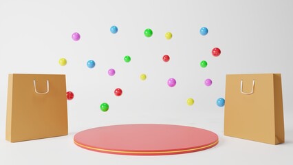 red podium and colorful balls in the pink room.3d rendering.	