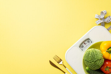 Slimming concept. Top view photo of plate with vegetables cabbage bell pepper cucumber cutlery tape...