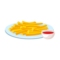 French fries on plate with ketchup cartoon illustration. Fried potatoes on plate with various dips, mayonnaise, ketchup isolated on white