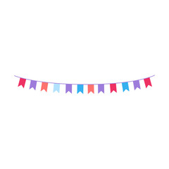 Flag banner ribbon, birthday party element vector illustration. Cake, cupcakes, confetti, balloon, gifts for kids isolated on white background