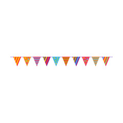 Ribbon garland with multi colored triangular flags vector illustration. Cake, cupcakes, confetti, balloon, gifts for kids isolated on white background