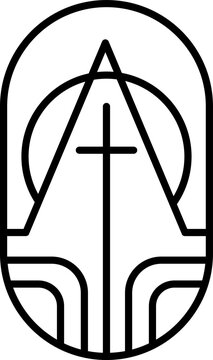 Religion line cross, and building. Alpha and Omega. Holy God come to people. Vector Logo church Icon Illustration Isolated. Jesus Christ on Calvary is center christianity