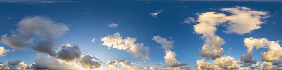 Dark blue sunset sky panorama with Cumulus clouds. Seamless hdr pano in spherical equirectangular format. Complete zenith for 3D visualization, game and sky replacement for aerial drone 360 panoramas.