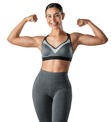 Studio portrait of a sporty young woman flexing her arms isolated on a transparent png background