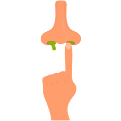 Illustration of picking nose with finger on white background. Cartoon hand with dripping green snot.