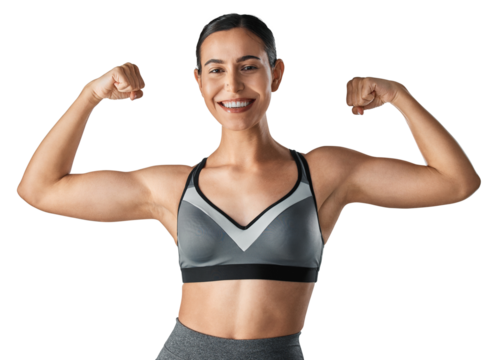 Studio portrait of a sporty young woman flexing her arms isolated on a transparent png background
