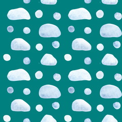 Seamless pattern of watercolor elements for creating winter cartoon design. Snow, snowfall, snowdrifts, clouds isolated on a green background. For Christmas textile.