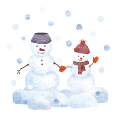 Watercolor hand drawn illustration. Two funny snowmen are standing in the snowfall. Cartoon winter Christmas characters isolated on a white background.