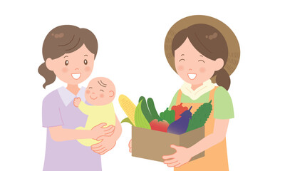 夏野菜の段ボールを持つ女性と母子 