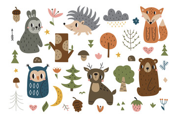 Scandinavian animals set. Drawn by hand. Doodle cartoon animals with elements of the forest and the gifts of nature for children's posters, postcards, children's t-shirts. Vector illustration.