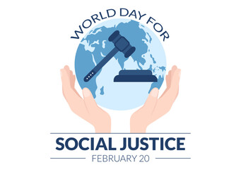 World Day of Social Justice on February 20 with Scales or Hammer for a Just Relationship in Flat Cartoon Hand Drawn Templates Illustration