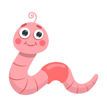 Pink inquisitive worm. Cute cartoon insect. Vector illustration of forest or garden animal, funny bug character isolated on white