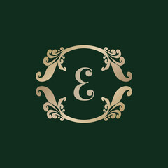 Letter E Alphabet Logo with Luxury Decorative Golden Frame. Elegant Curl Floral Ornament.