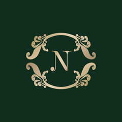 Letter N Alphabet Logo with Luxury Decorative Golden Frame. Elegant Curl Floral Ornament.