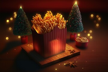 Illustration about Christmas tree with french fries. Made by AI.