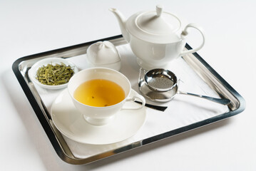 tea in the teapot on tray