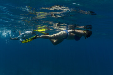 Fototapeta na wymiar woman in blue bikini snorkeling in the ocean